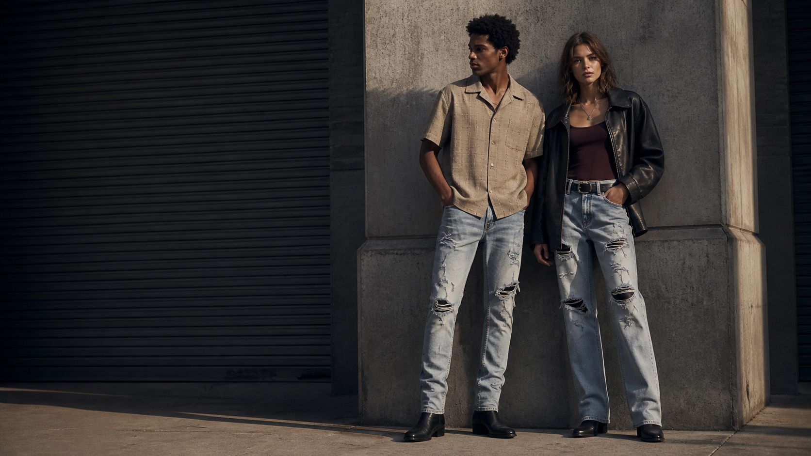 Two models wearing POPCLOTHE reconstructed denim and sand camp shirts in an urban setting.